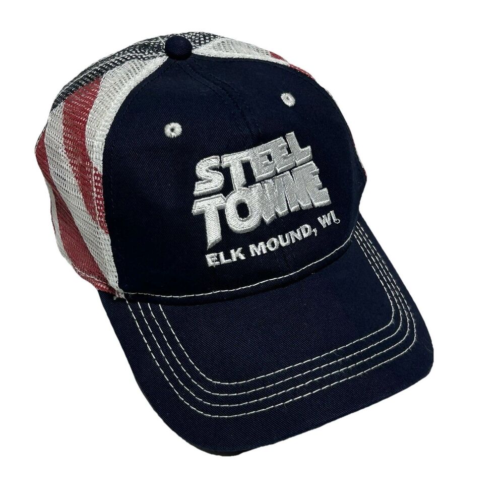 Steel Towne Metal Elk Mound Wisconsin Blue Mens Hat Adjustable Ball Cap Baseball